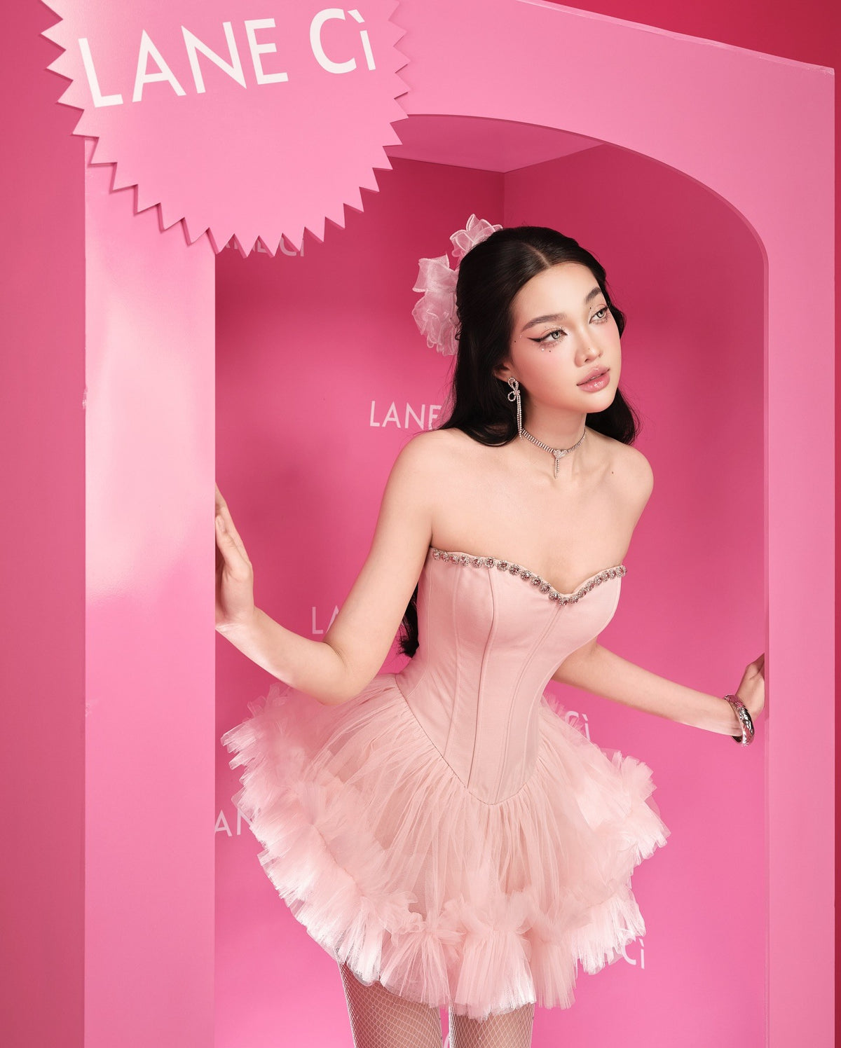 LANE CI Moni Pink Sweet Tube Puff Dress