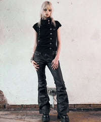 NOTKNOWING Drape Button Shirring Top (BLACK)