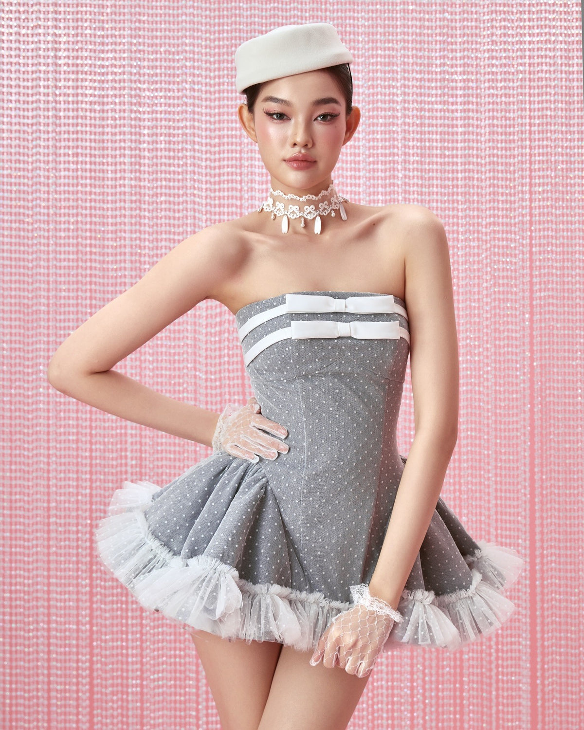 LANE CI Greyley Gray Bow Strapless Puff Dress