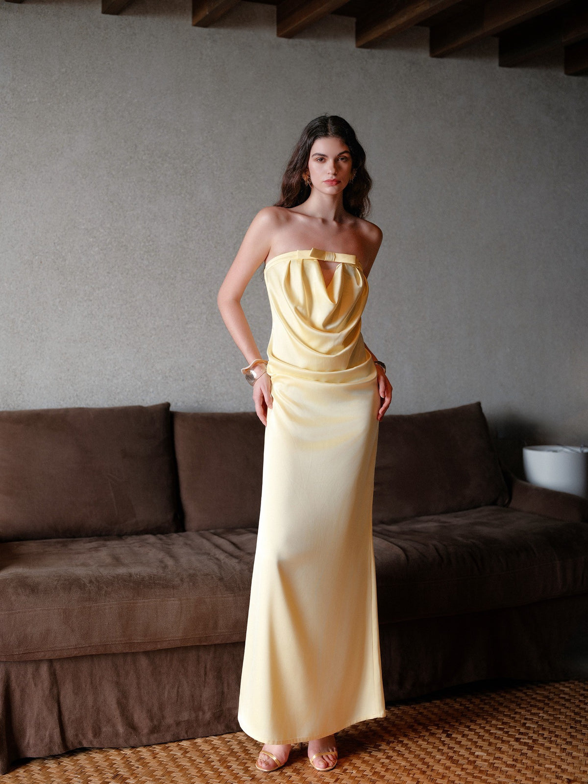 Sheer Luck Aurelia Minimal Bow Open-Back Strapless Dress (Yellow)