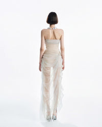 MUST HAVE French Beige Tulle 3D Floral Ruched Strapless Gown