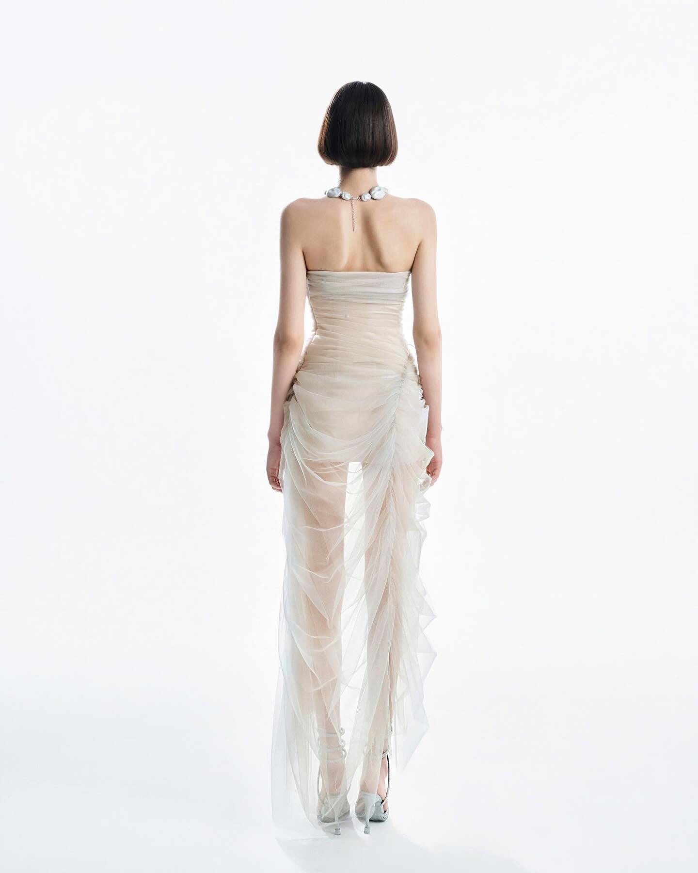 MUST HAVE French Beige Tulle 3D Floral Ruched Strapless Gown