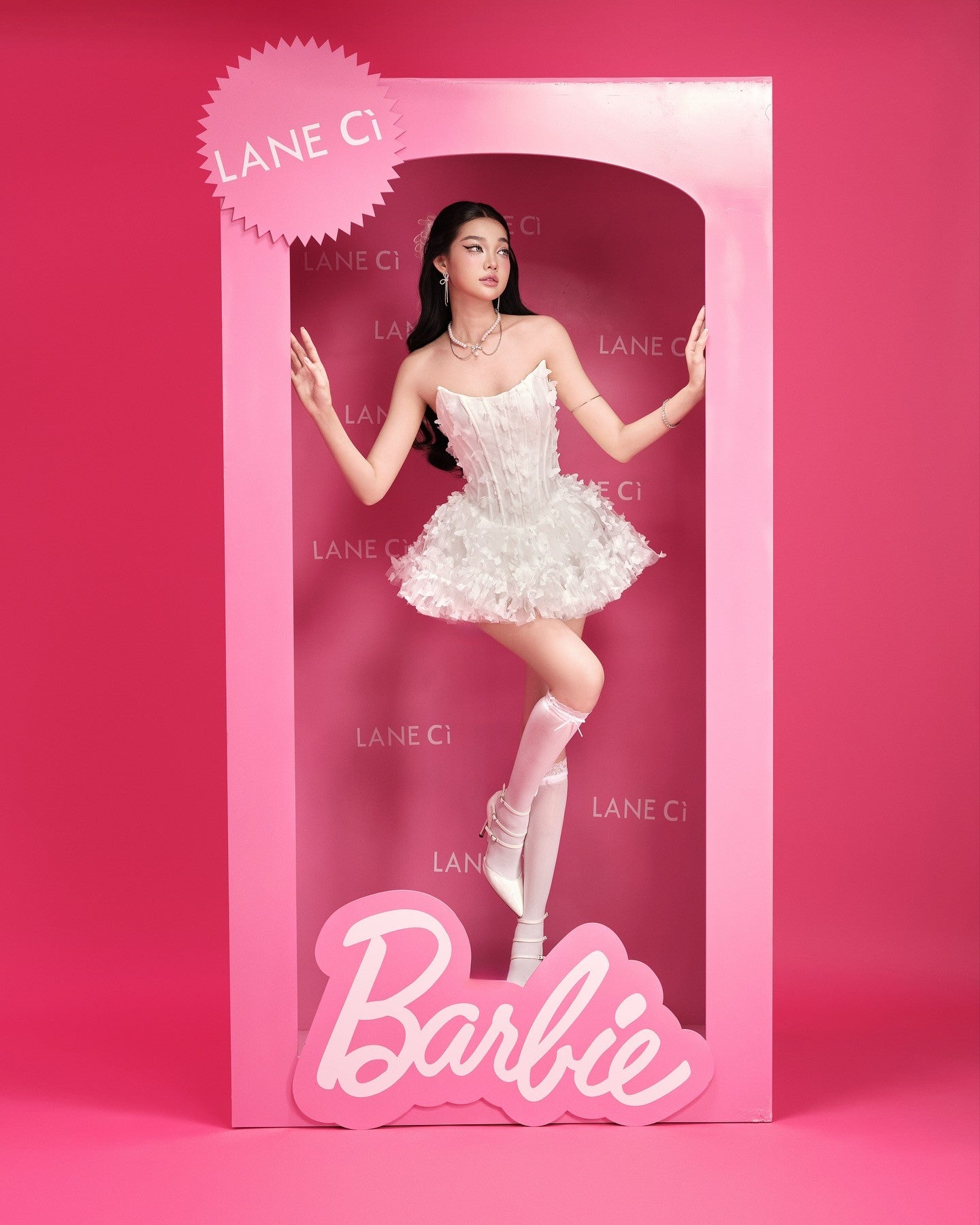 LANE CI Swan White 3D Butterfly Tube Puff Dress