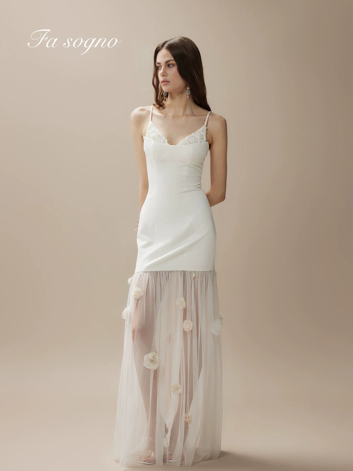 Fa Sogno White Camellia Shadow Formal Tulle Slip Maxi Dress product image 1