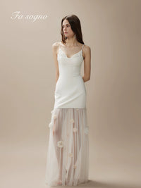 Fa Sogno White Camellia Shadow Formal Tulle Slip Maxi Dress product image 1