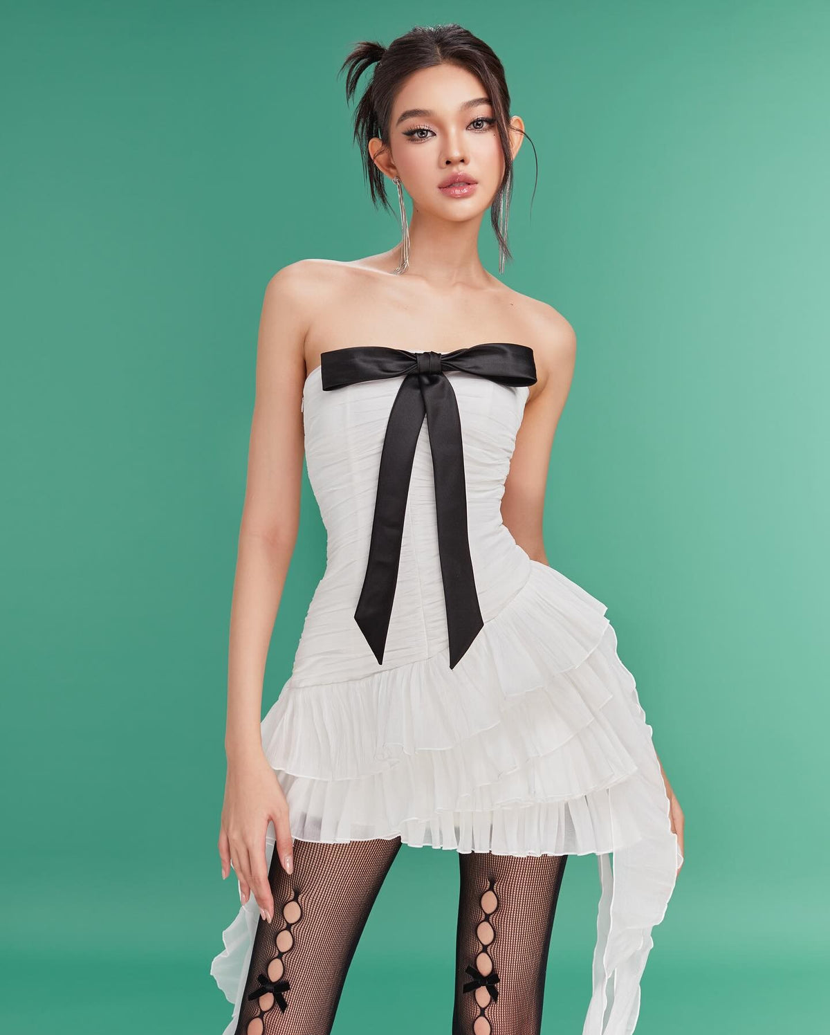 LANE CI Camella White Ribbon Ruffle Tube Dress