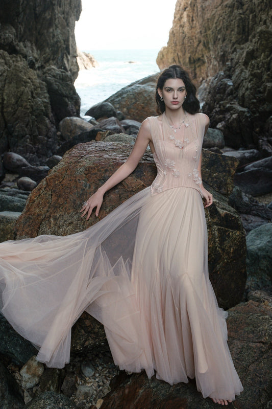 Sheer Luck Tidal Heavy Lace Corset Tulle Dress (Pink)