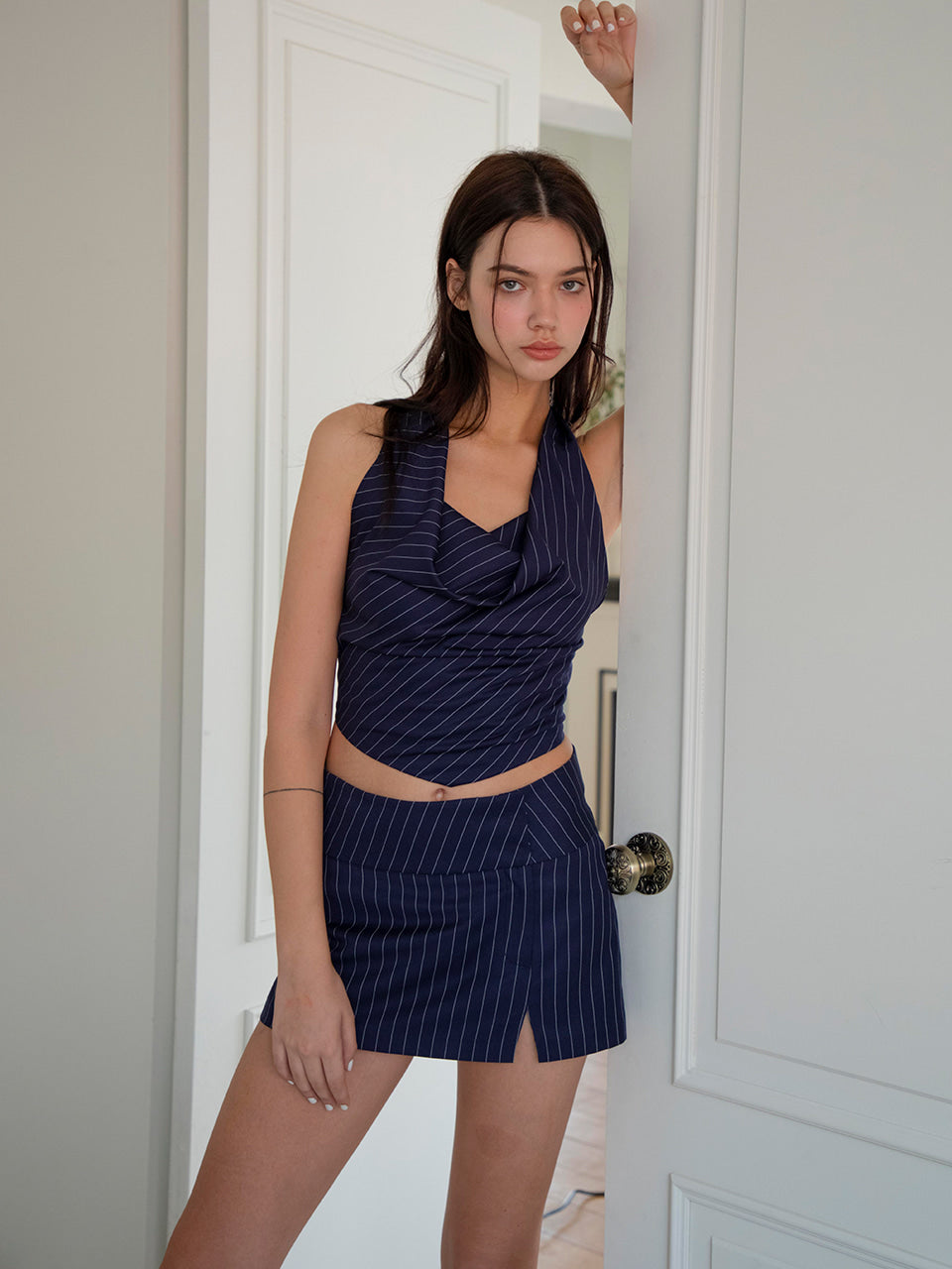 Not Your Rose Navy Striped Draped Halter Top