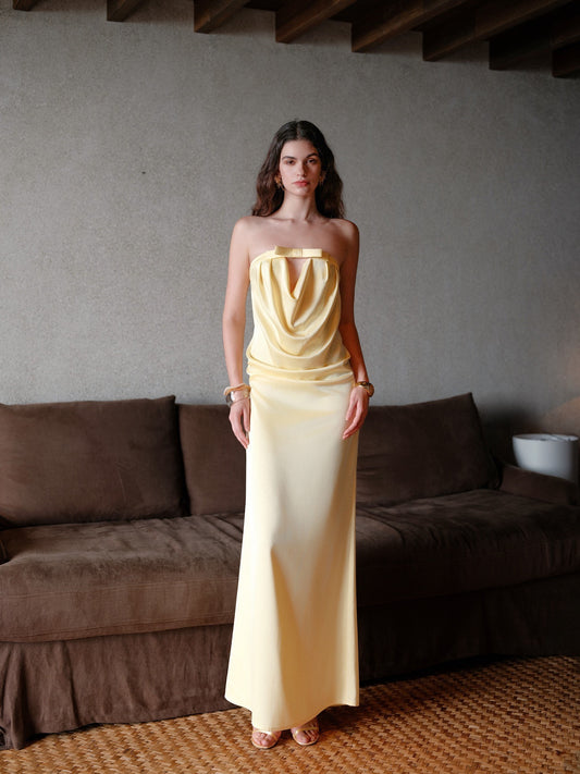 Sheer Luck Aurelia Minimal Bow Open-Back Strapless Dress (Yellow)