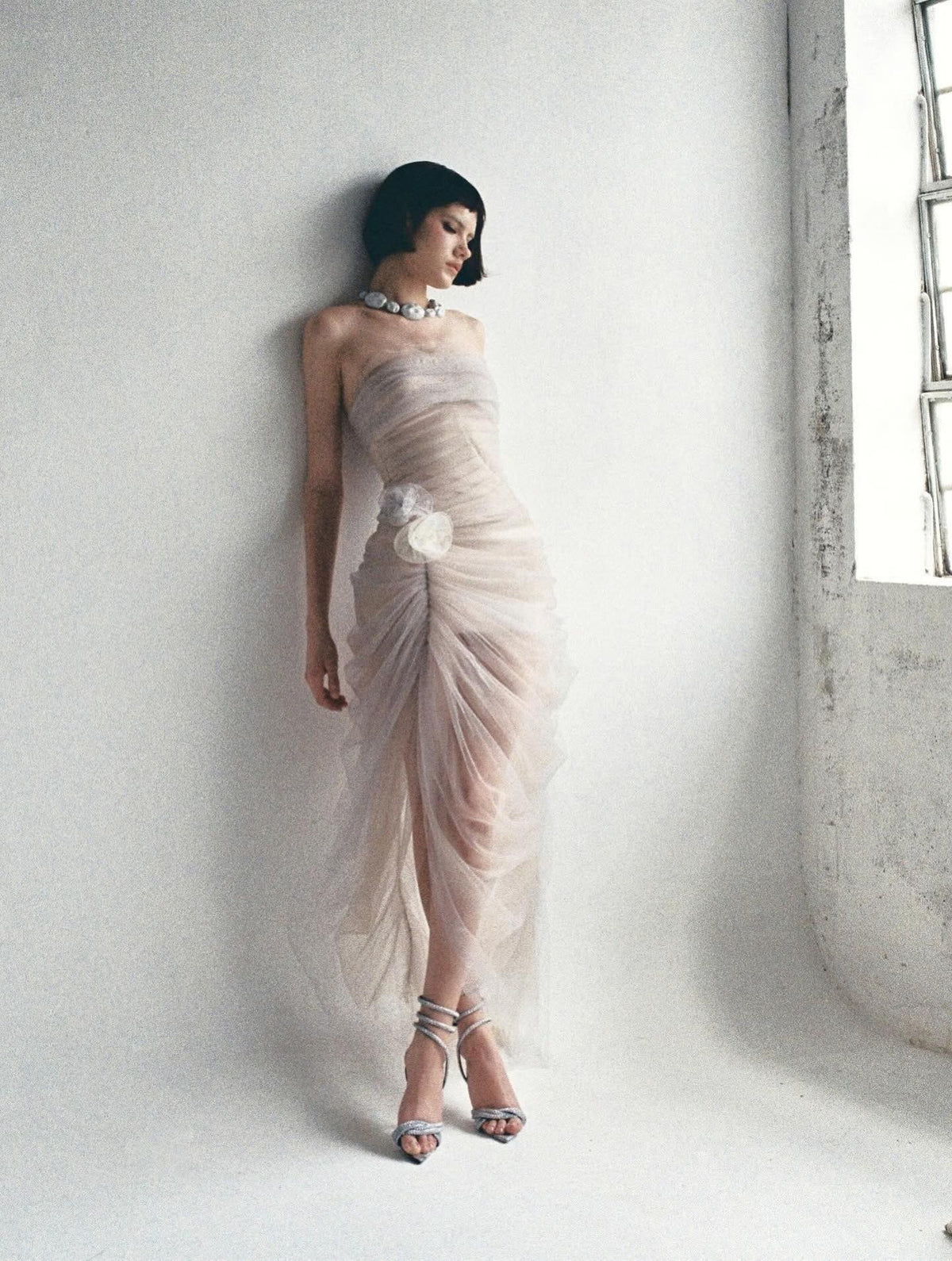 MUST HAVE French Beige Tulle 3D Floral Ruched Strapless Gown