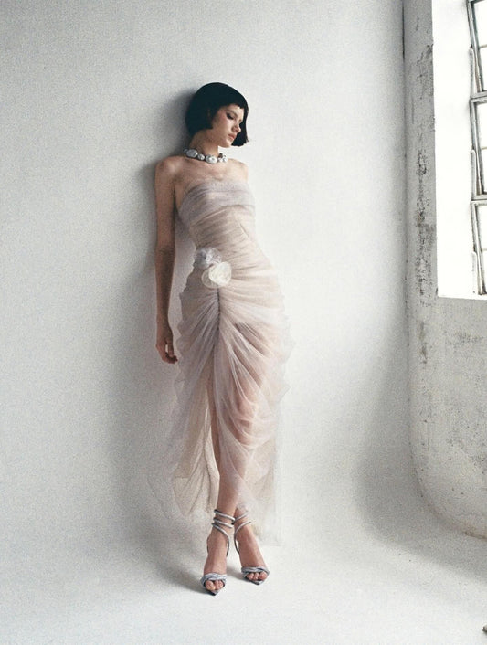MUST HAVE French Beige Tulle 3D Floral Ruched Strapless Gown