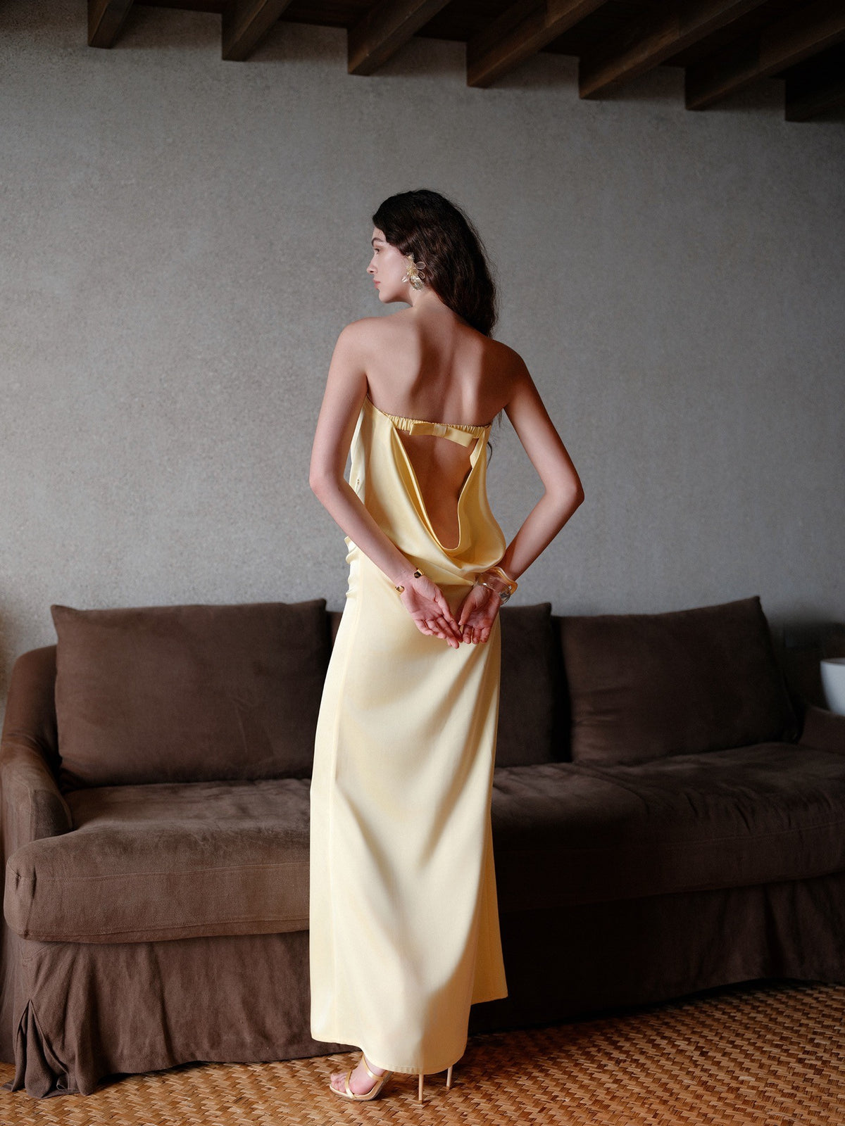 Sheer Luck Aurelia Minimal Bow Open-Back Strapless Dress (Yellow)