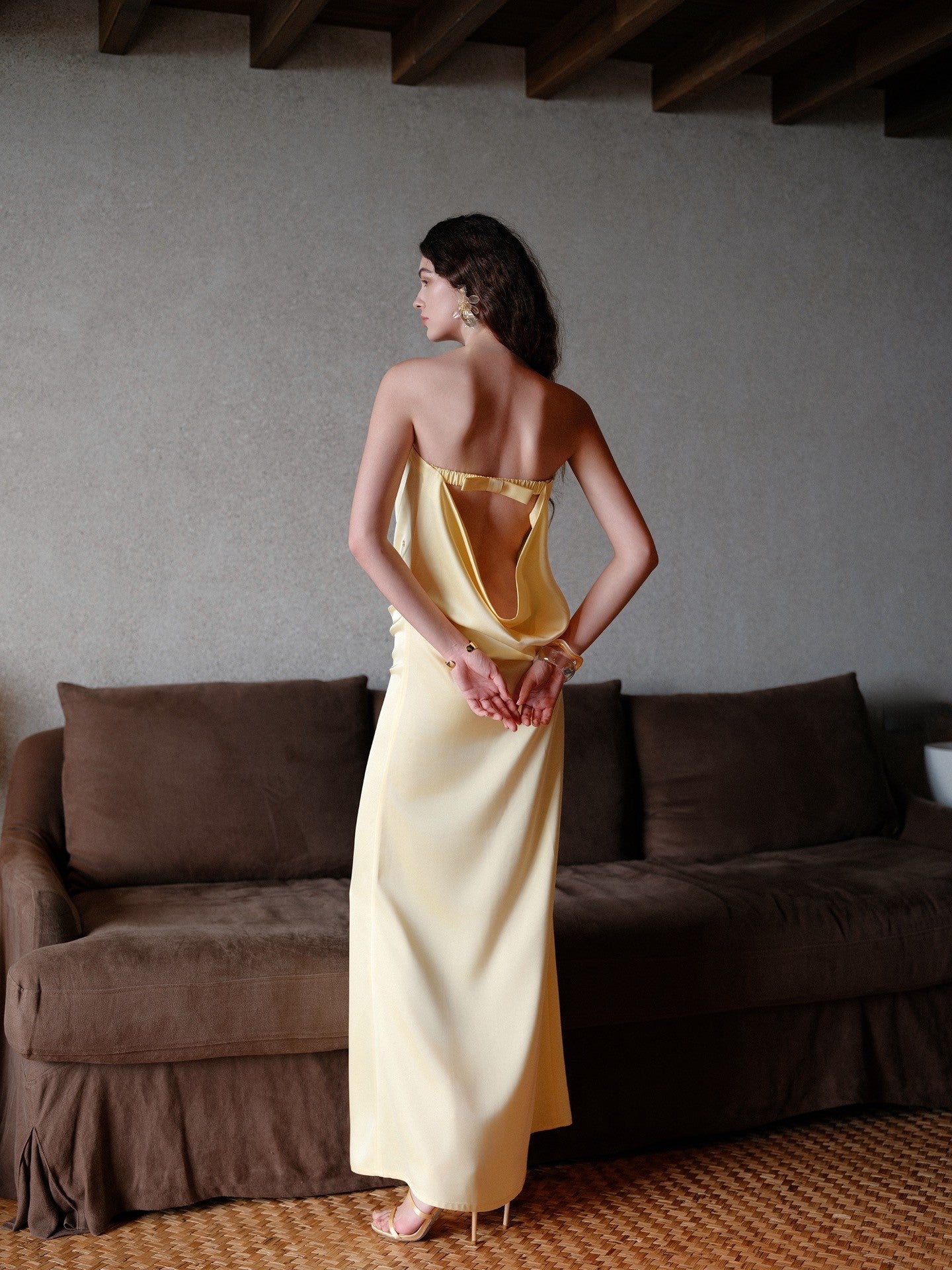 Sheer Luck Aurelia Minimal Bow Open-Back Strapless Dress (Yellow)
