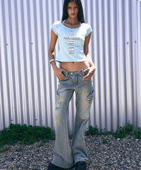 NOTKNOWING Line-Cut Cargo Flared Jeans (VINTAGE BLUE)