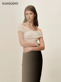 SIJIA白色一字肩褶皱网纱修身T恤