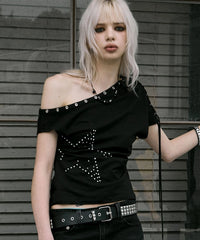 NOTKNOWING One Shoulder Lace Up Top (BLACK)