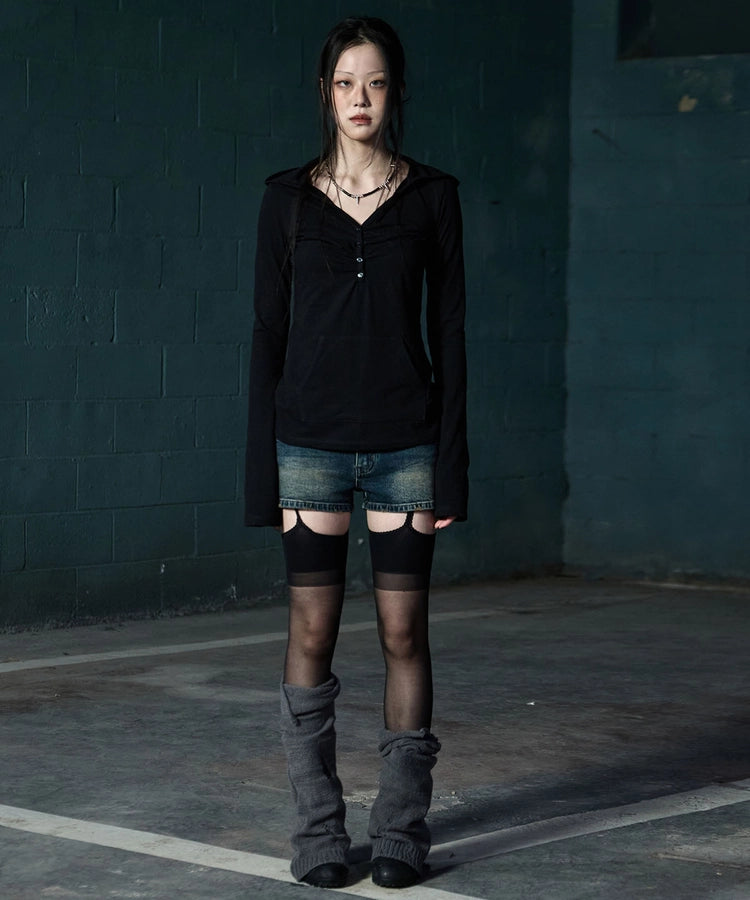 NOTKNOWING Button Up Shirring Hoodie (BLACK)