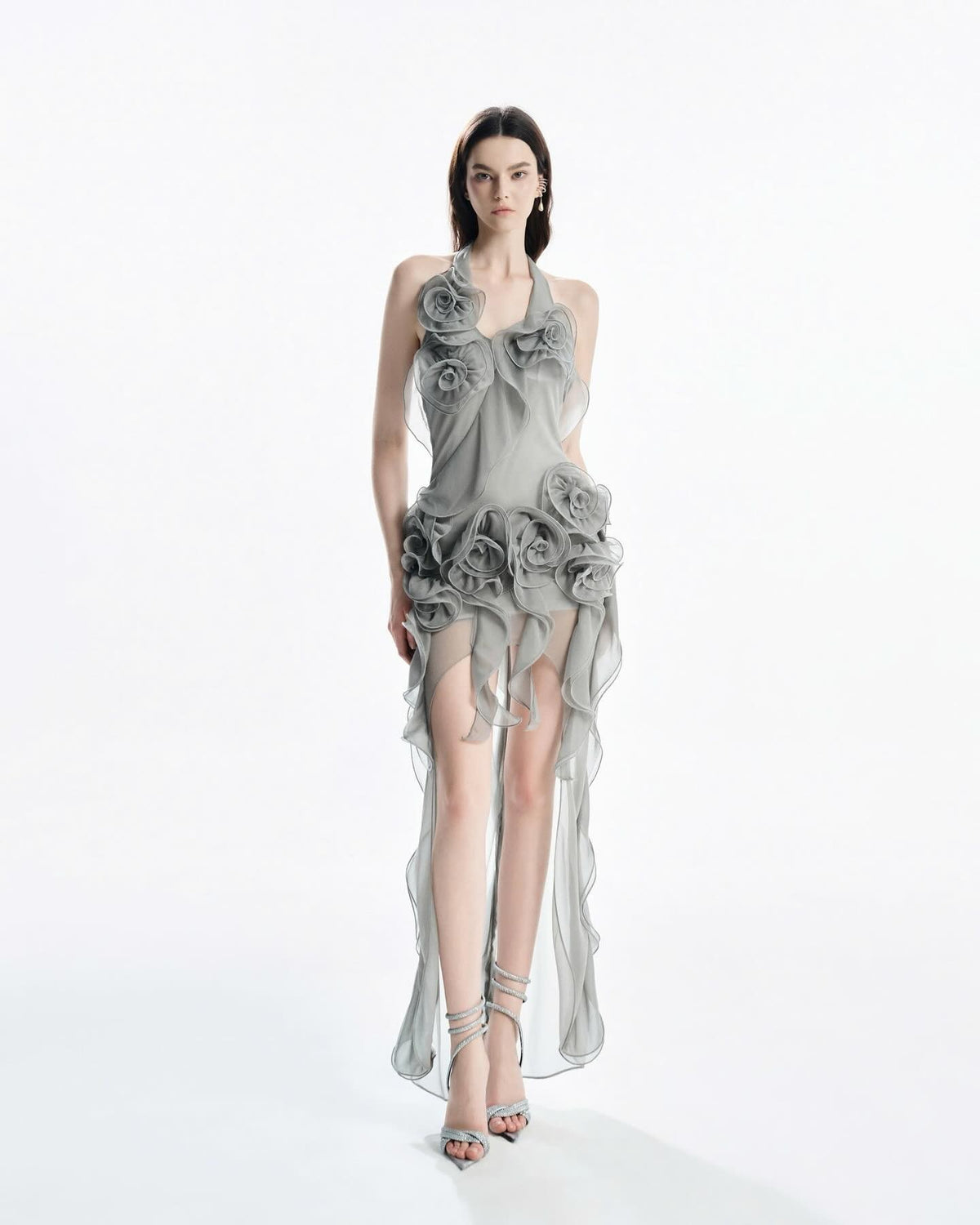 MUST HAVE Gray Asymmetric Strap 3D Floral Slit Dress