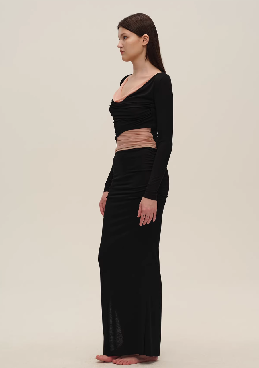 SIJIA Color-Block Mesh Cowl-Neck Off-Shoulder Top (Black)