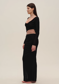SIJIA Color-Block Mesh Cowl-Neck Off-Shoulder Top (Black)