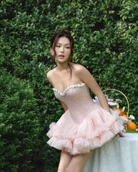 LANE CI Bloom: Floral Strapless Fit-and-Flare Dress with Boning (Pink)