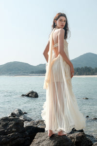 Sheer Luck Thessa Beige Apricot Mesh Halter Tube Dress
