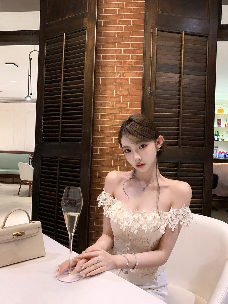 LANE CI蕾丝鱼骨抹胸包臀裙飘带套装（白）