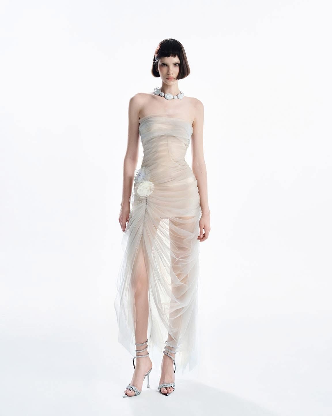 MUST HAVE French Beige Tulle 3D Floral Ruched Strapless Gown S