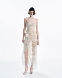 MUST HAVE French Beige Tulle 3D Floral Ruched Strapless Gown
