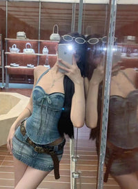 LSOUL牛仔低腰Skirt吊带紧身corse束腰套装