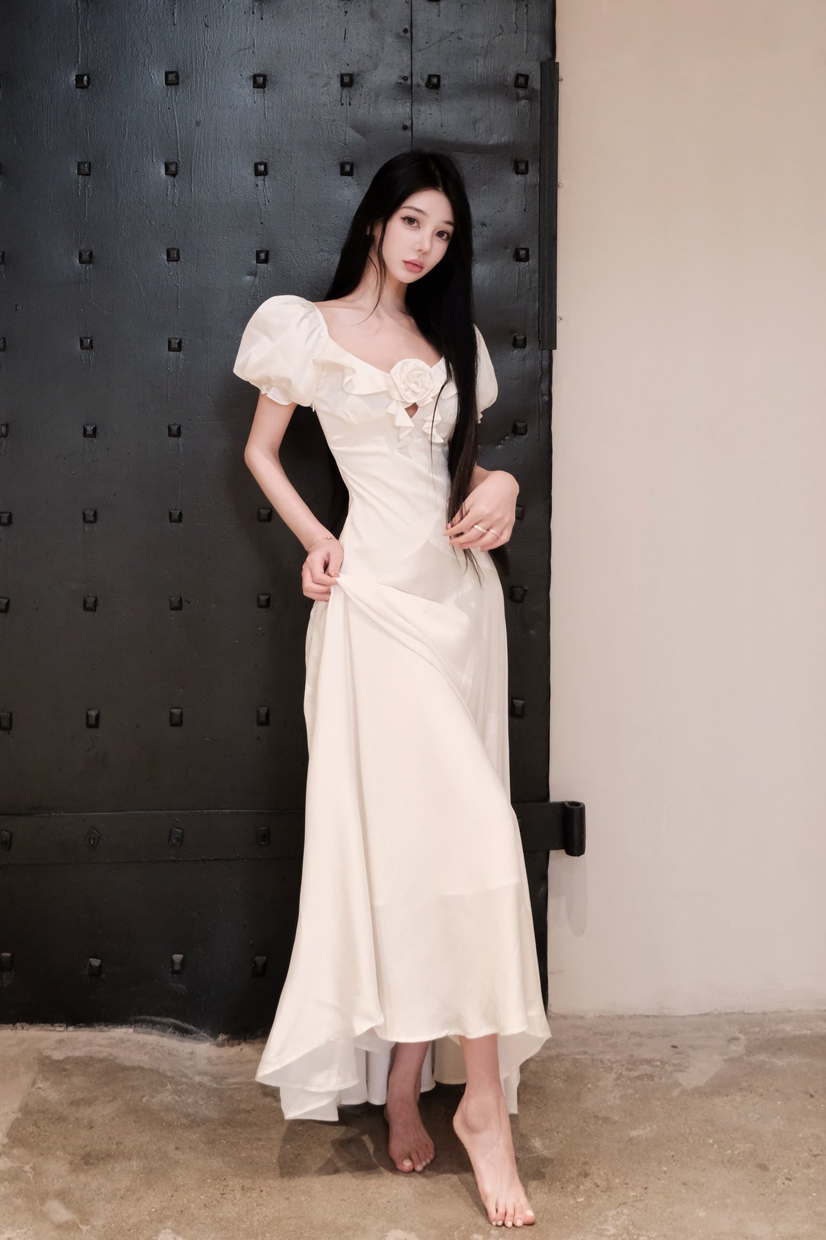 Sheer Luck Florette Ombre French Resort Square-Neck Puff-Sleeve Dress (White)