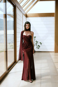 Sheer Luck Kira网纱飘带修身褶皱鱼尾长连衣裙（安克拉红）