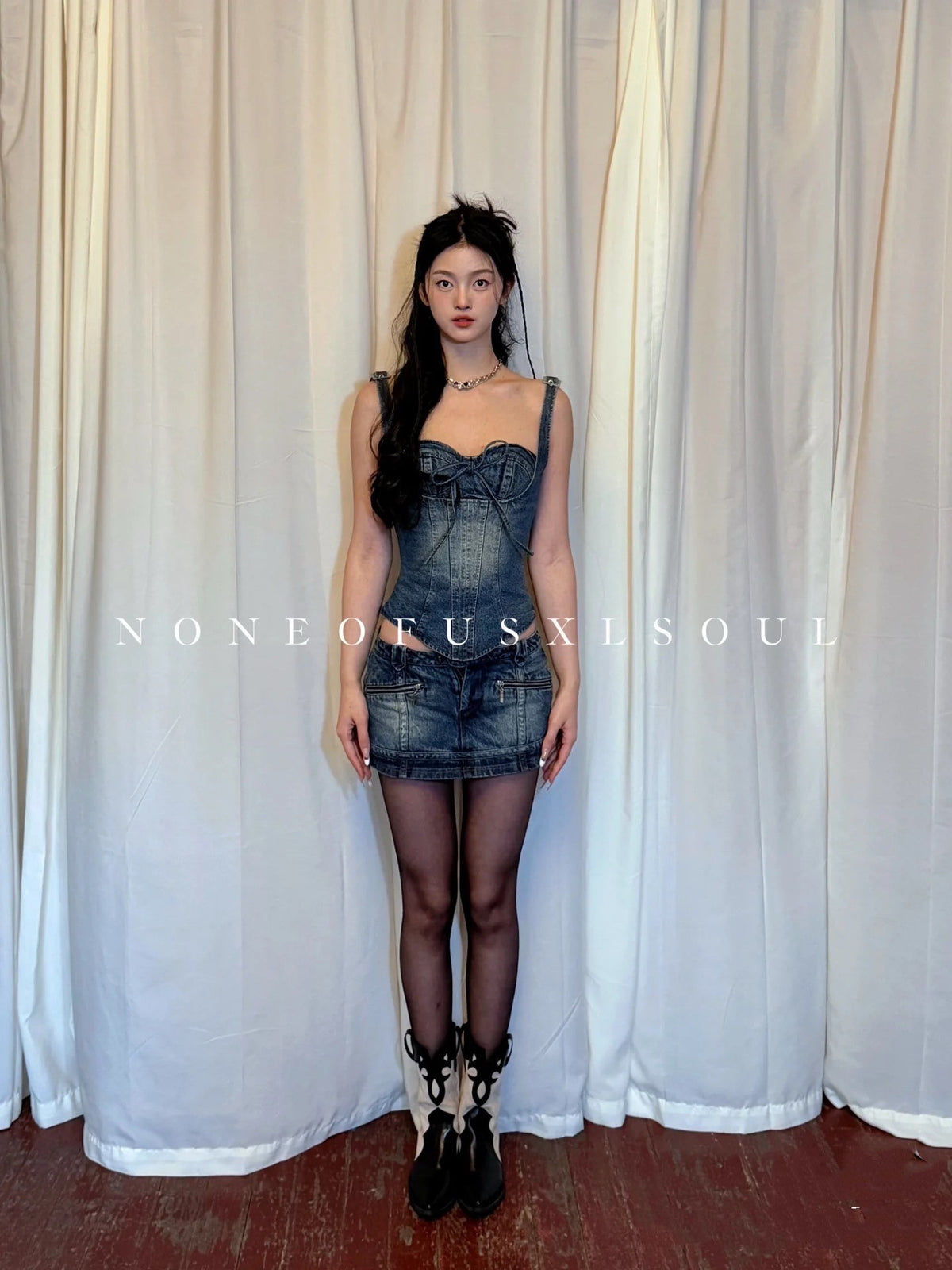 LSOUL牛仔低腰Skirt吊带紧身corse束腰套装