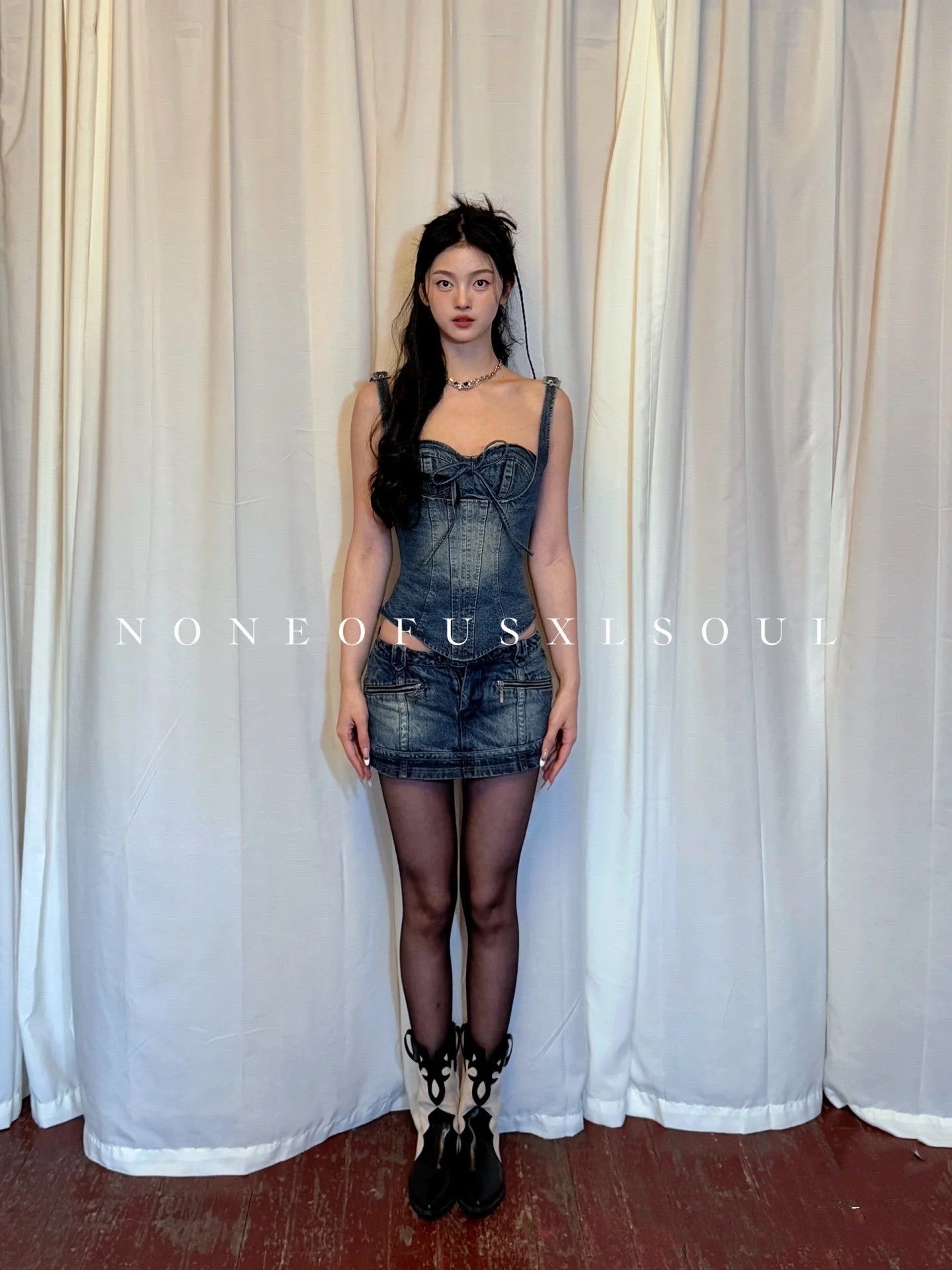 LSOUL牛仔低腰Skirt吊带紧身corse束腰套装