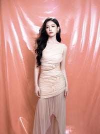 MIN PURA 斜肩连衣裙拼接收腰显瘦包臀裙