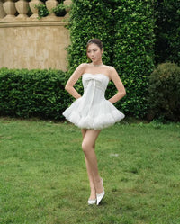 LANE CI Bella: Strapless Fit-and-Flare Dress with Bowknot & Boning (White)
