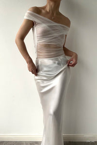 SIJIA白色一字肩褶皱网纱修身T恤