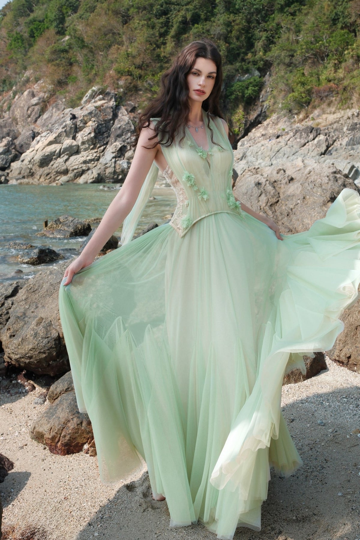 Sheer Luck Tidal Heavy Lace Corset Tulle Dress (Green)