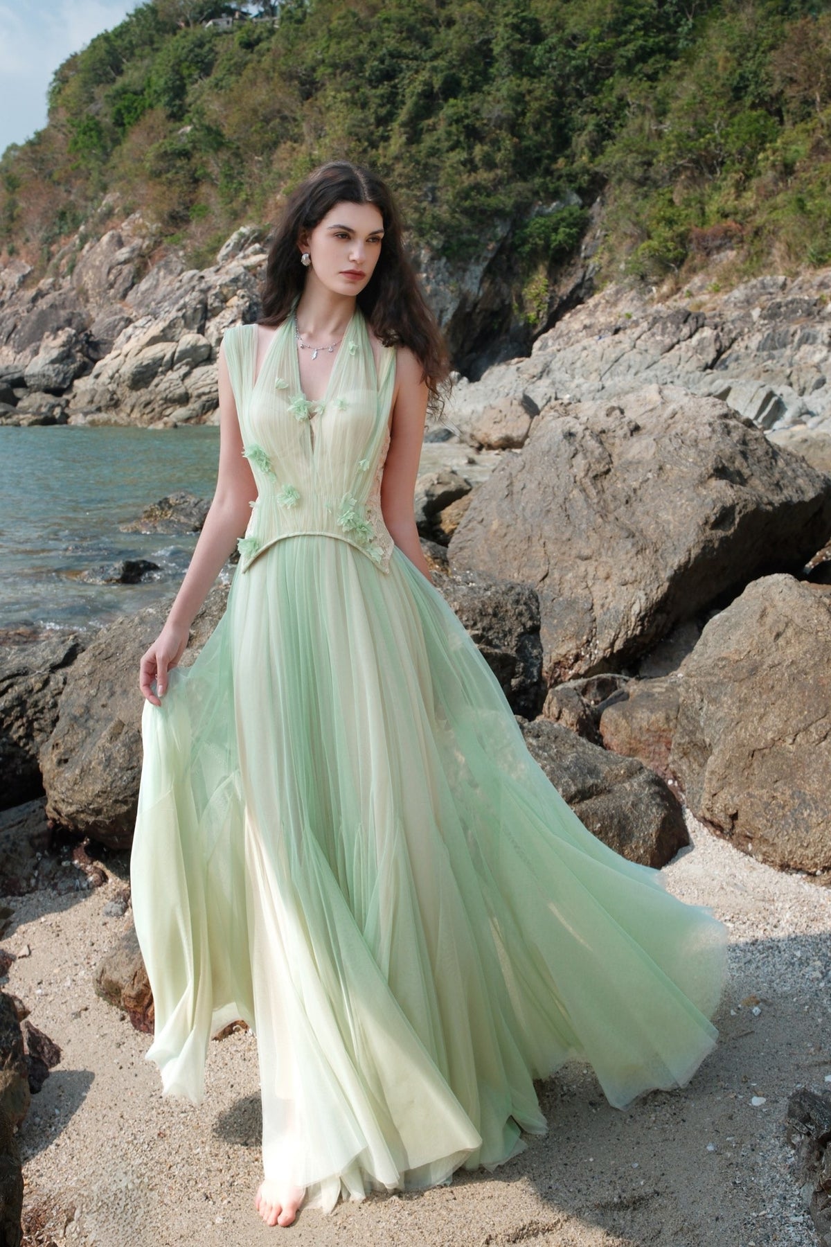 Sheer Luck Tidal Heavy Lace Corset Tulle Dress (Green)