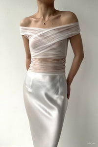 SIJIA白色一字肩褶皱网纱修身T恤