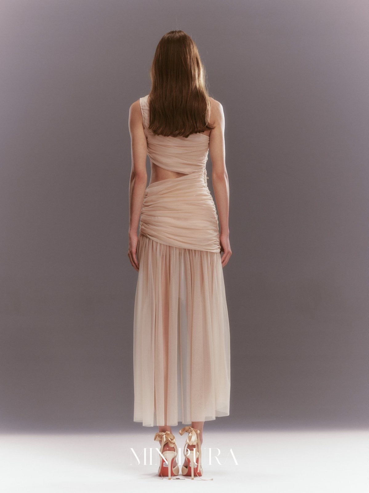 MIN PURA 斜肩连衣裙拼接收腰显瘦包臀裙