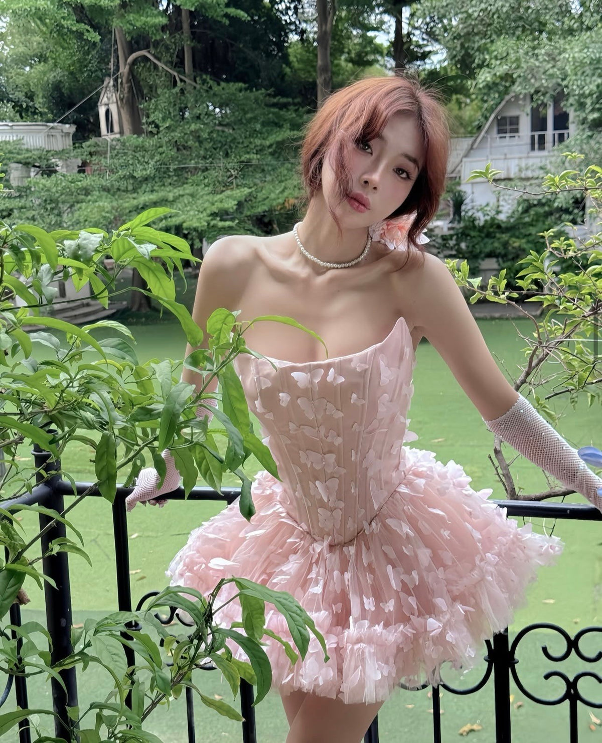 LANE CI粉色少女感立体蝴蝶抹胸甜美蓬蓬裙