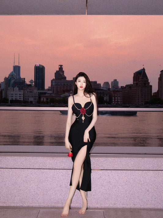 KINGWEN Black Rose Slim Split Dress