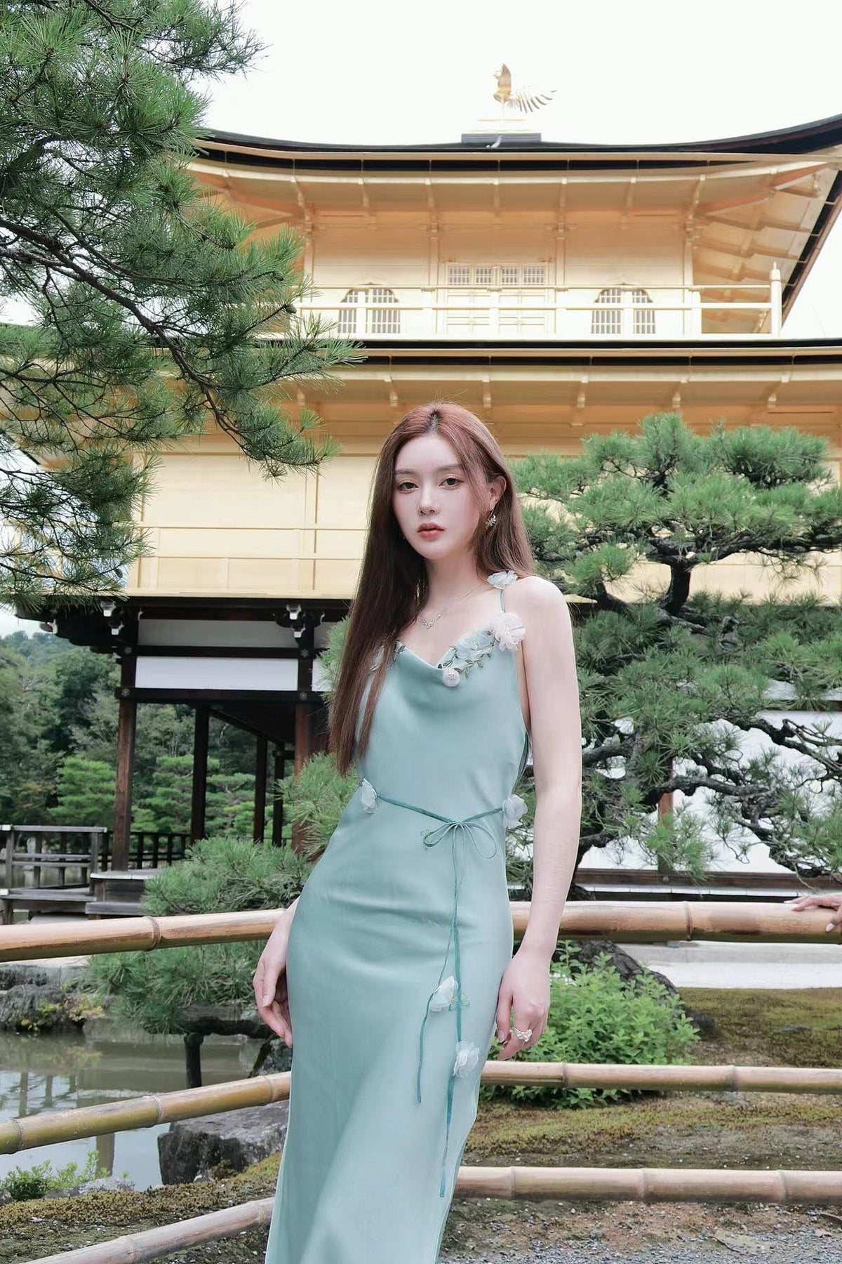 KINGWEN  Satin Swing Collar Slip Maxi Halter Dress (Green)