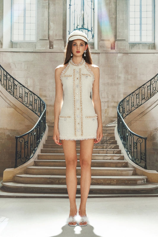 KINGWEN Braided Neck Mini Dress (White)