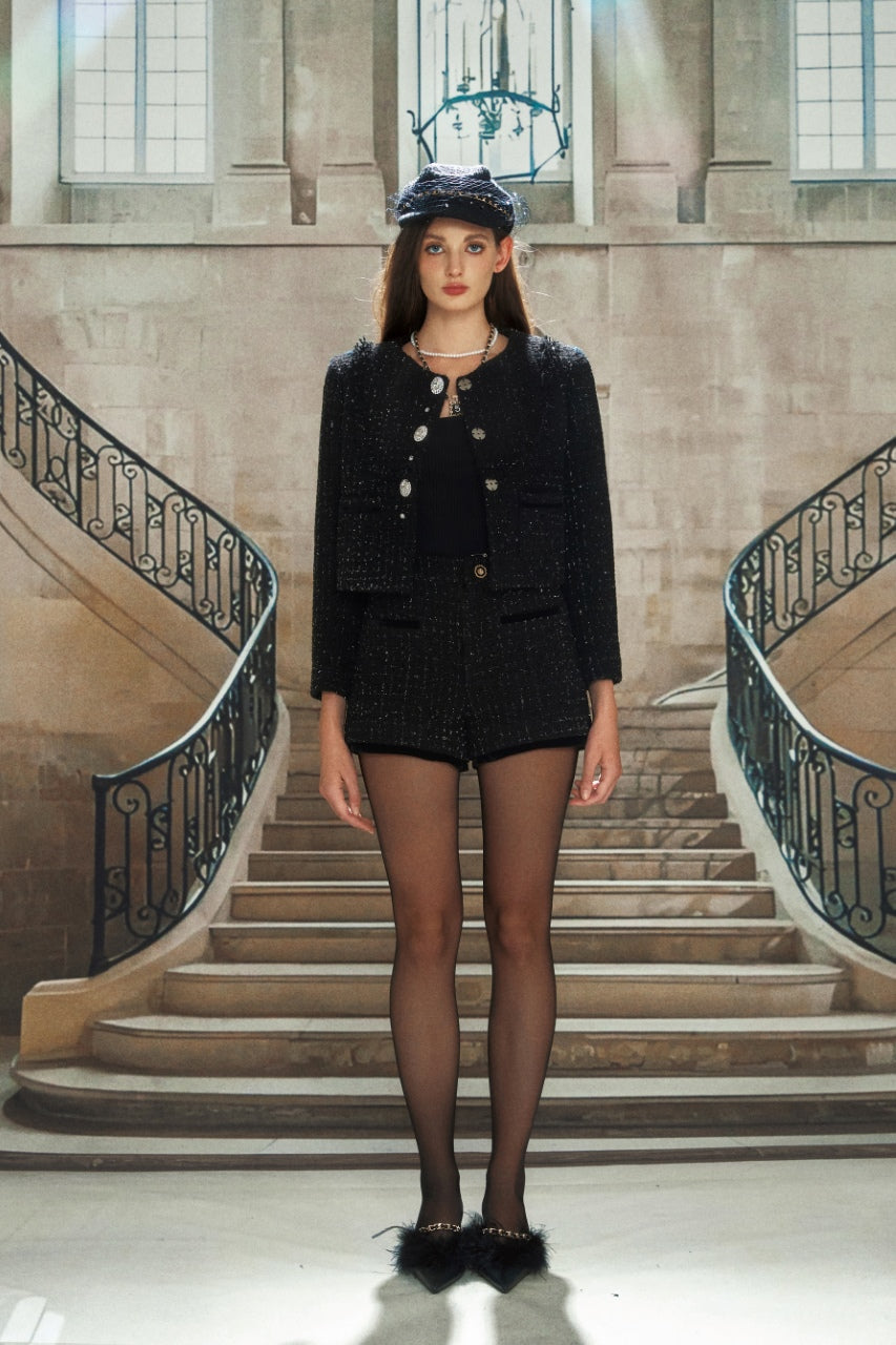KINGWEN  Black Woven Rhinestone Button Jacket
