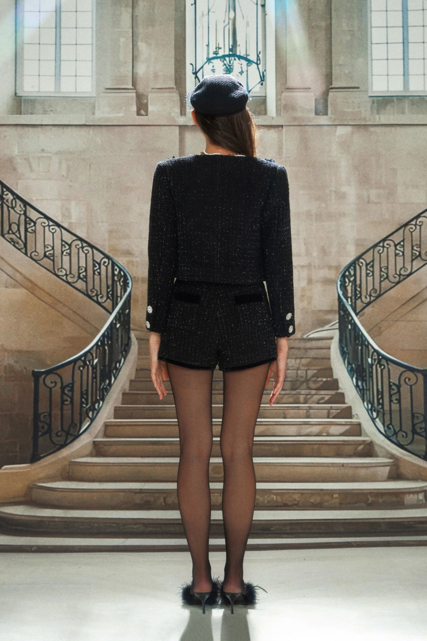 KINGWEN  Black Woven Rhinestone Button Jacket