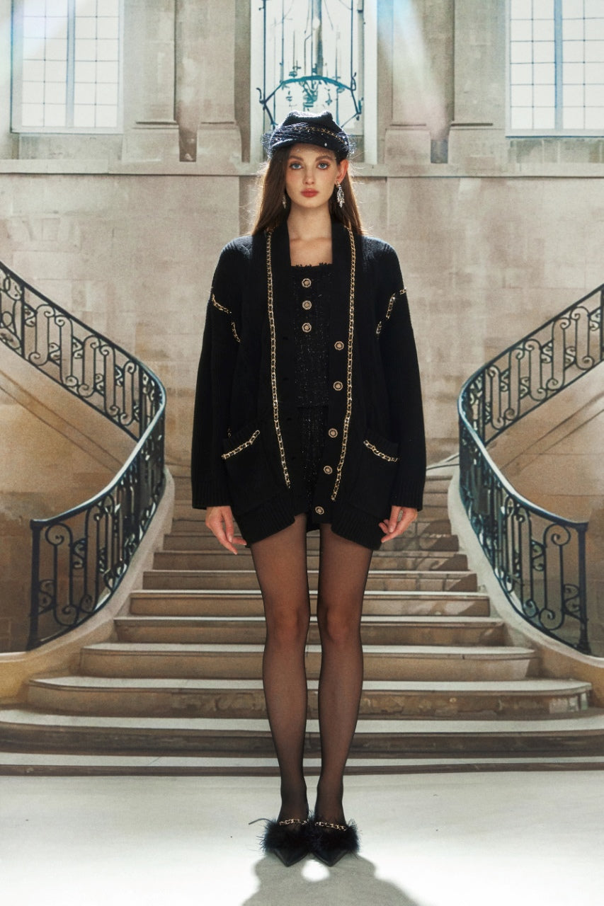KINGWEN Oversized Knit Cardigan Sweater with  Chains