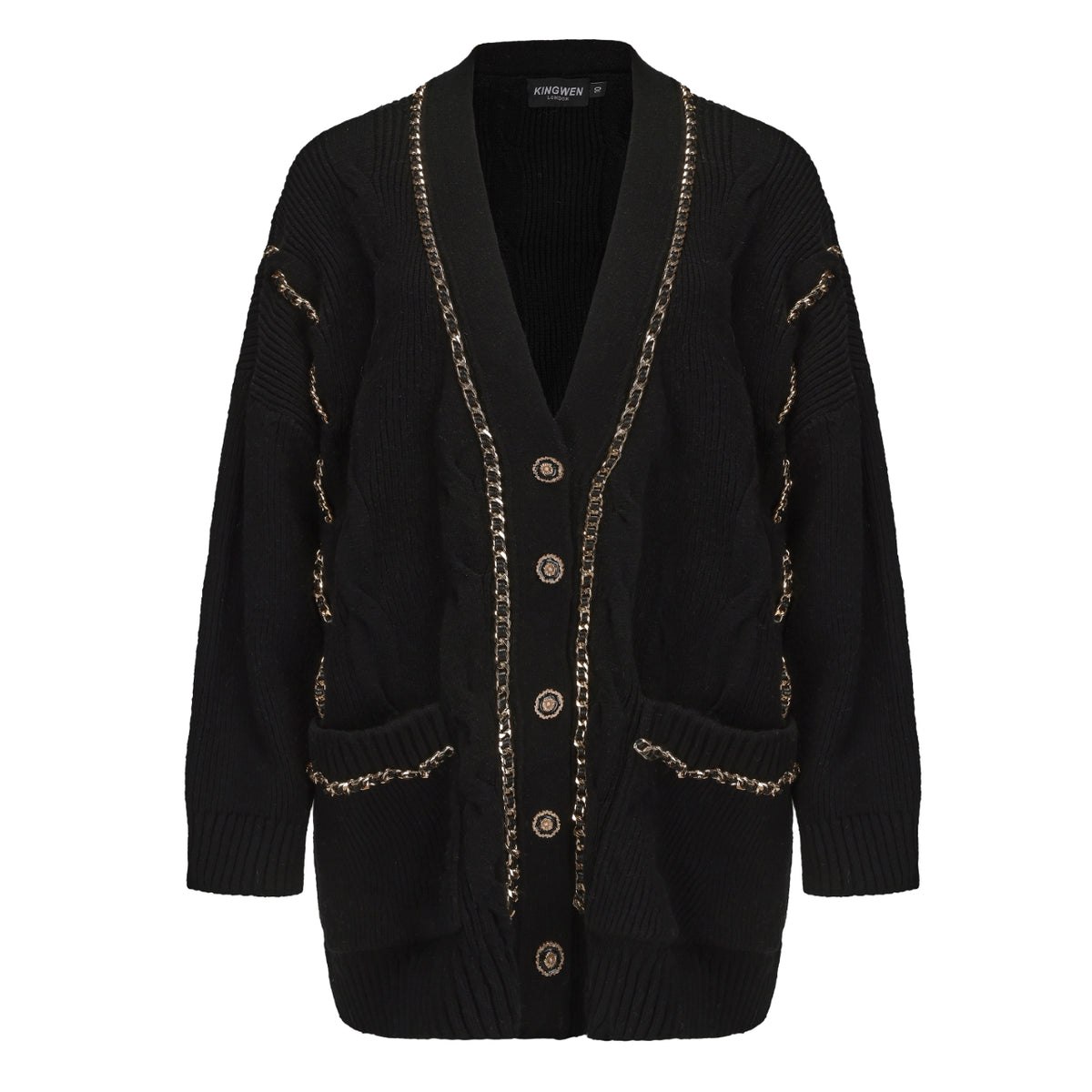 KINGWEN Oversized Knit Cardigan Sweater with  Chains