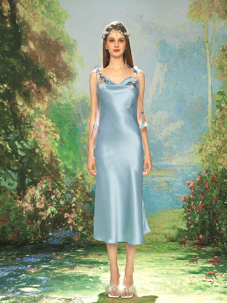 KINGWEN  Satin Swing Collar Slip Maxi Halter Dress (Blue)